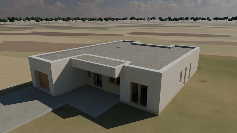 3D model bungalovu zhora z uličnej strany: garáž, zapustený vstup a plochá strecha