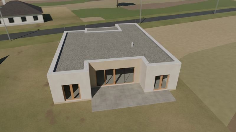 3D model bungalovu z vtáčej perspektívy: plochá strecha, záhradná strana s veľkým presklením a terasou
