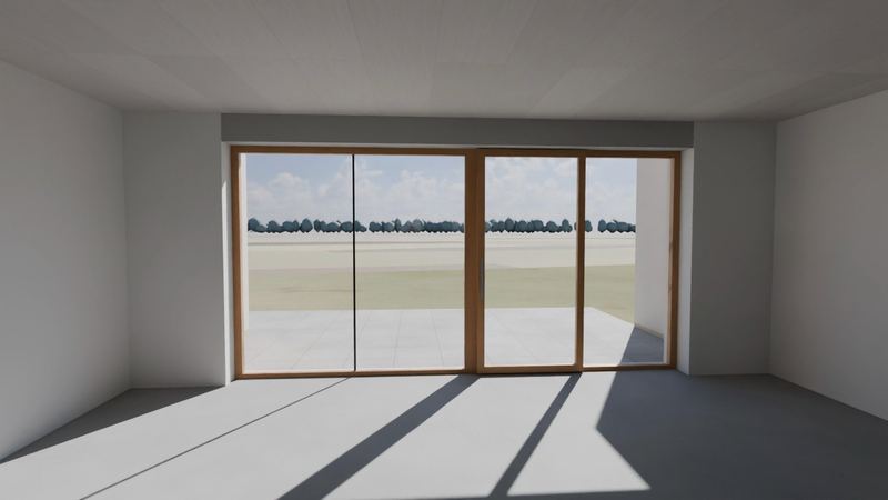 3D model obývačky v stave holodom: omietnuté steny, poter a posuvné presklenie na terasu, bez podláh a zariadenia