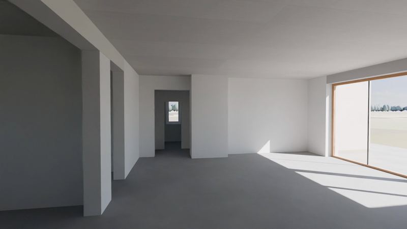 3D model otvoreného priestoru obývačky v stave holodom s presklením a priechodmi do ďalších častí domu