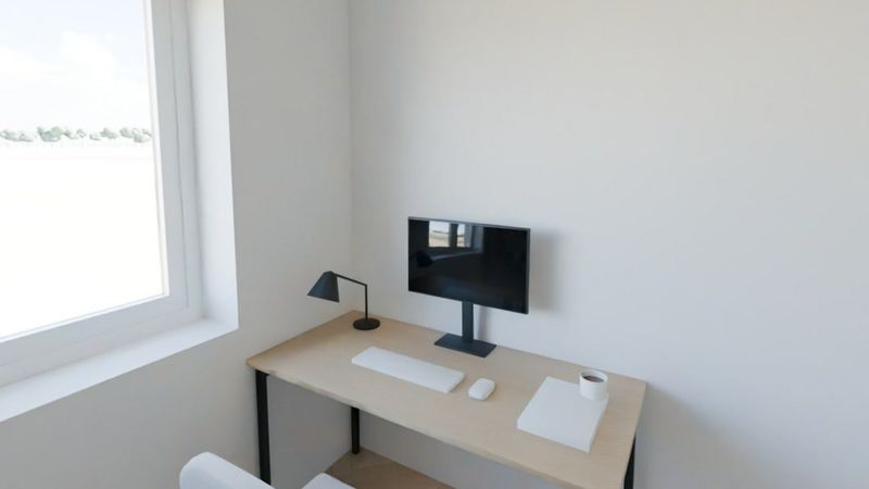 3D model piatej izby za garážou zariadenej ako pracovňa: stôl s monitorom pri okne